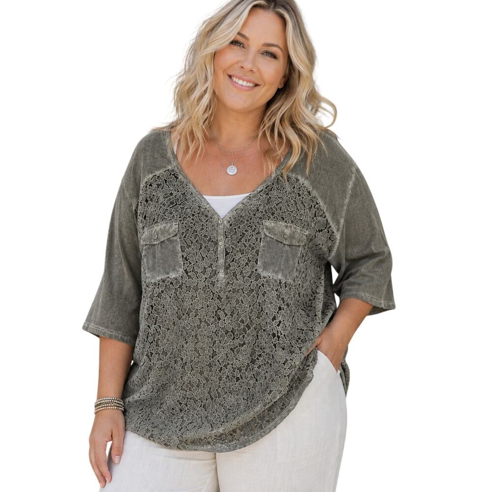 Catherines Lace Overlay Top Womens Size 3X Olive Mineral Wash Knit Cotton Tee